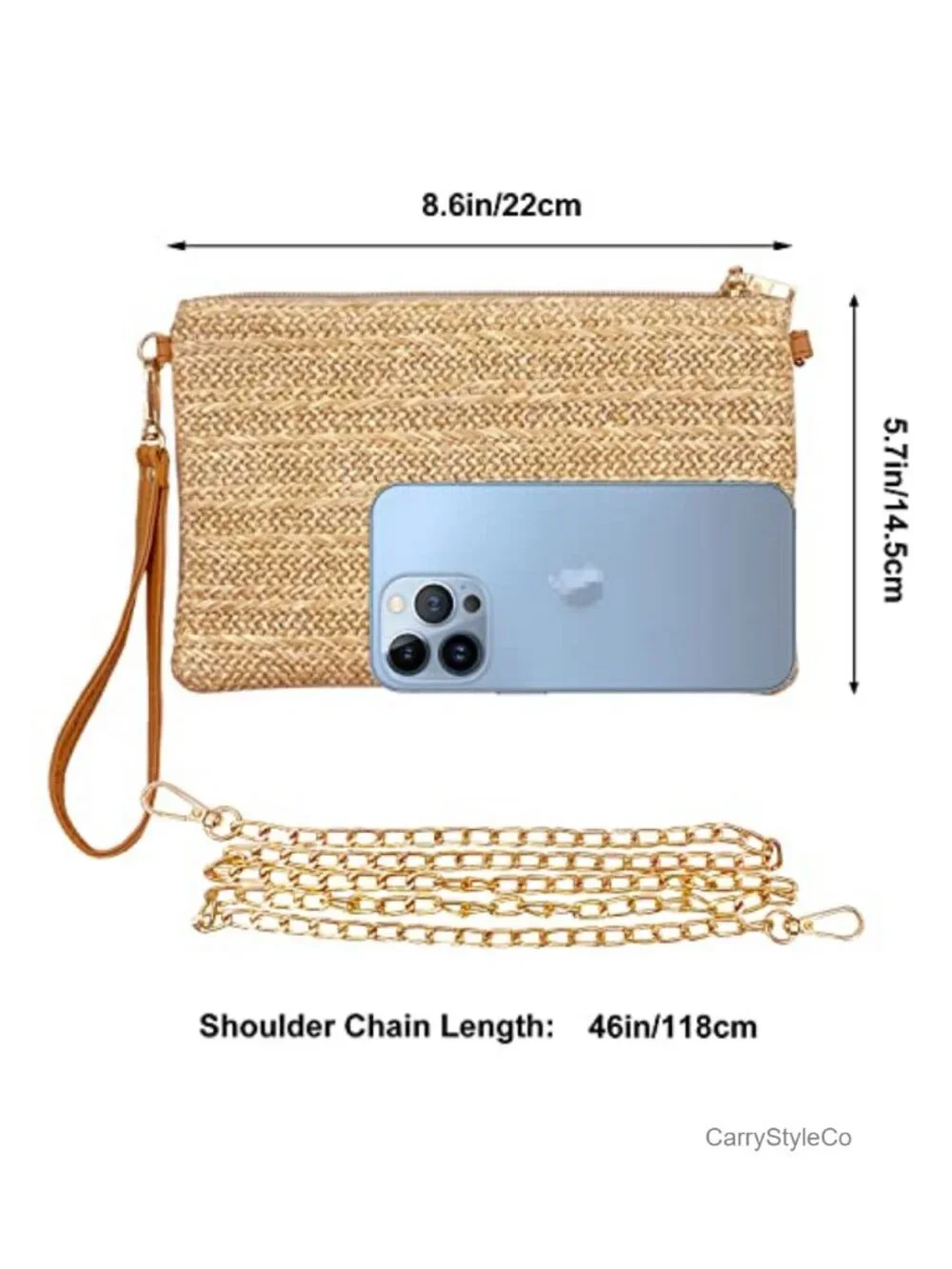 Straw Wristlet Crossbody Bag with Detachable Chain Strap